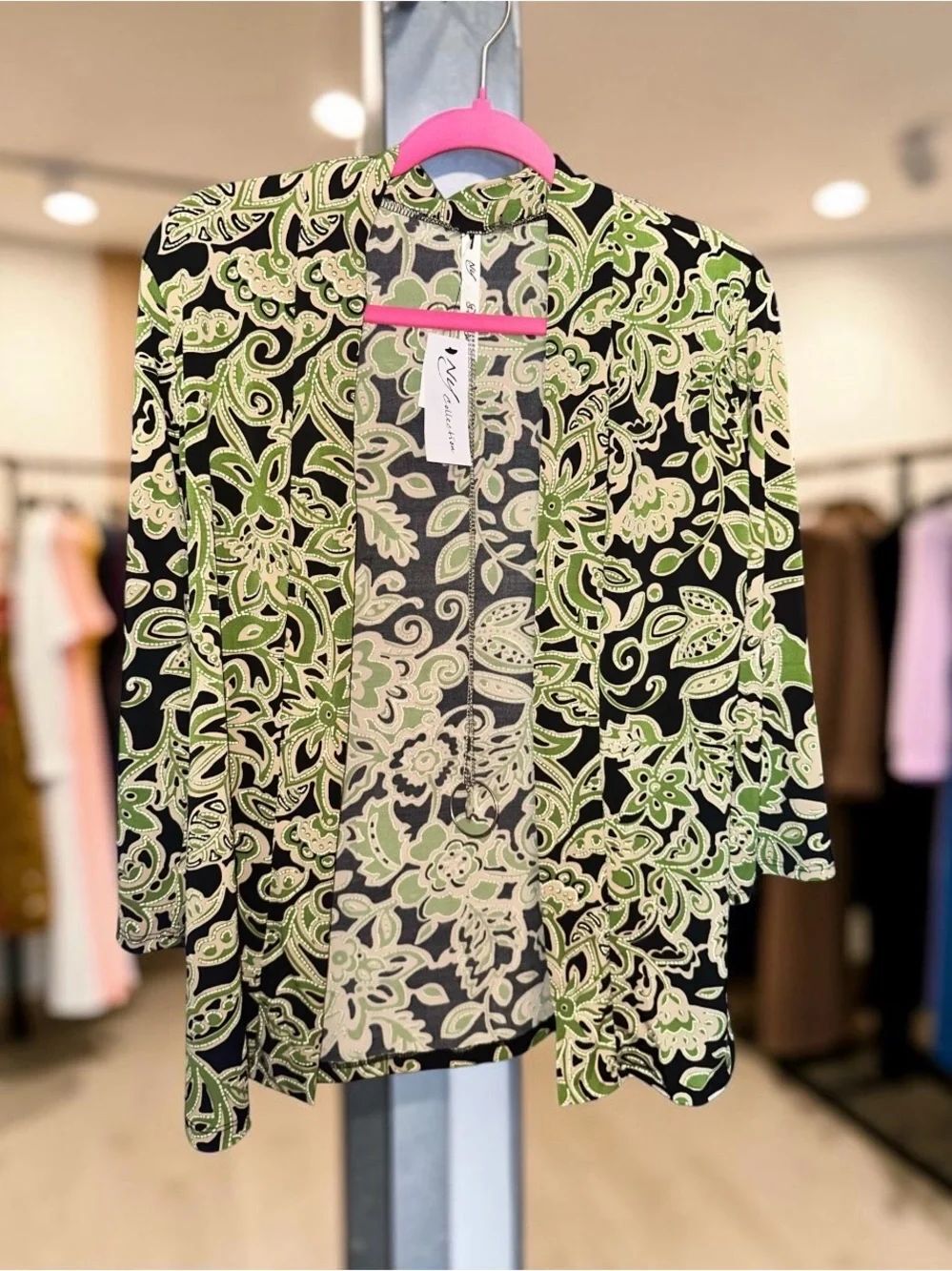 NY Collection Black and Lime Green Paisley Open Cardigan. Size Small.